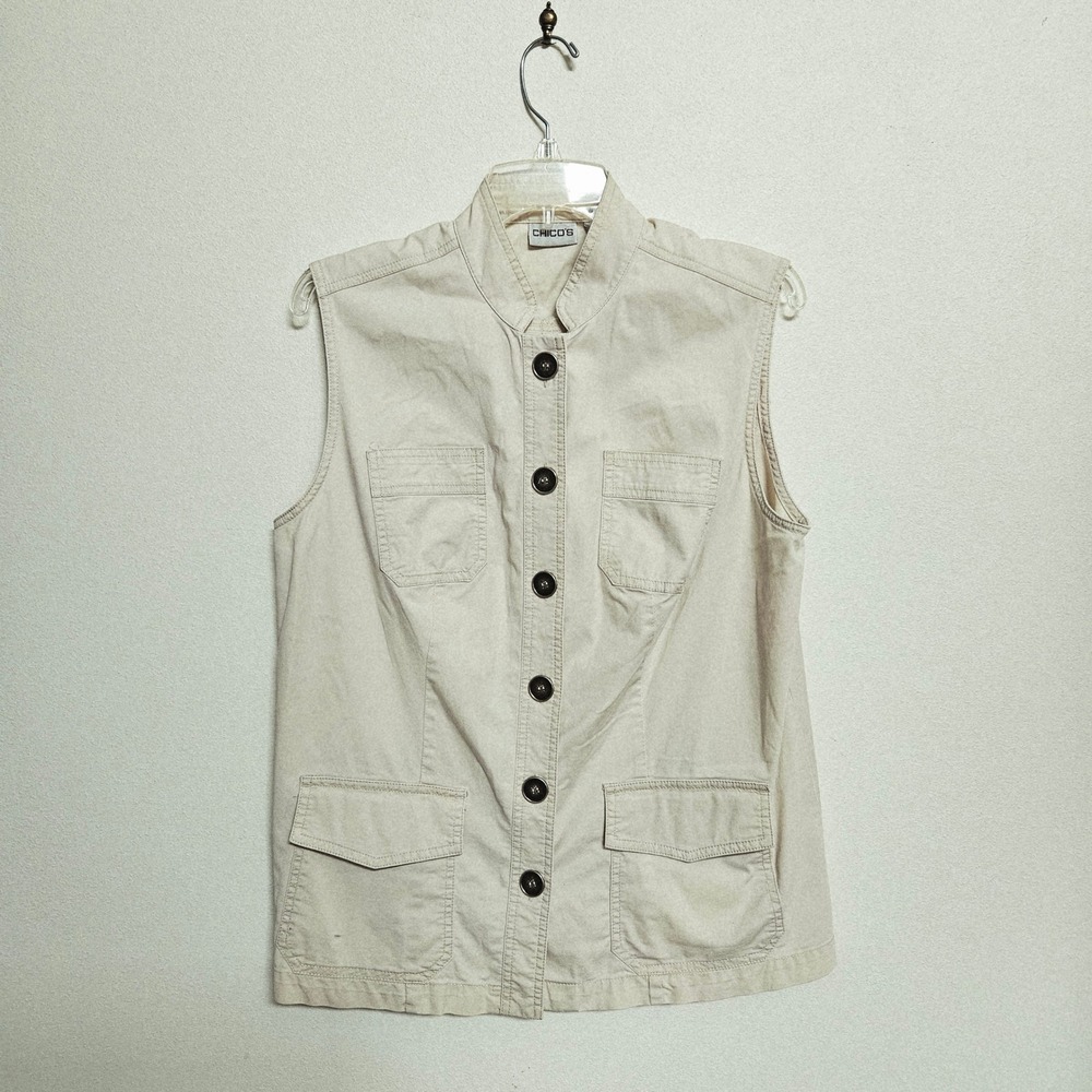 Chicos Womens Utility Vest Tan Khaki Button Front Mock Neck Pockets Size 1 M